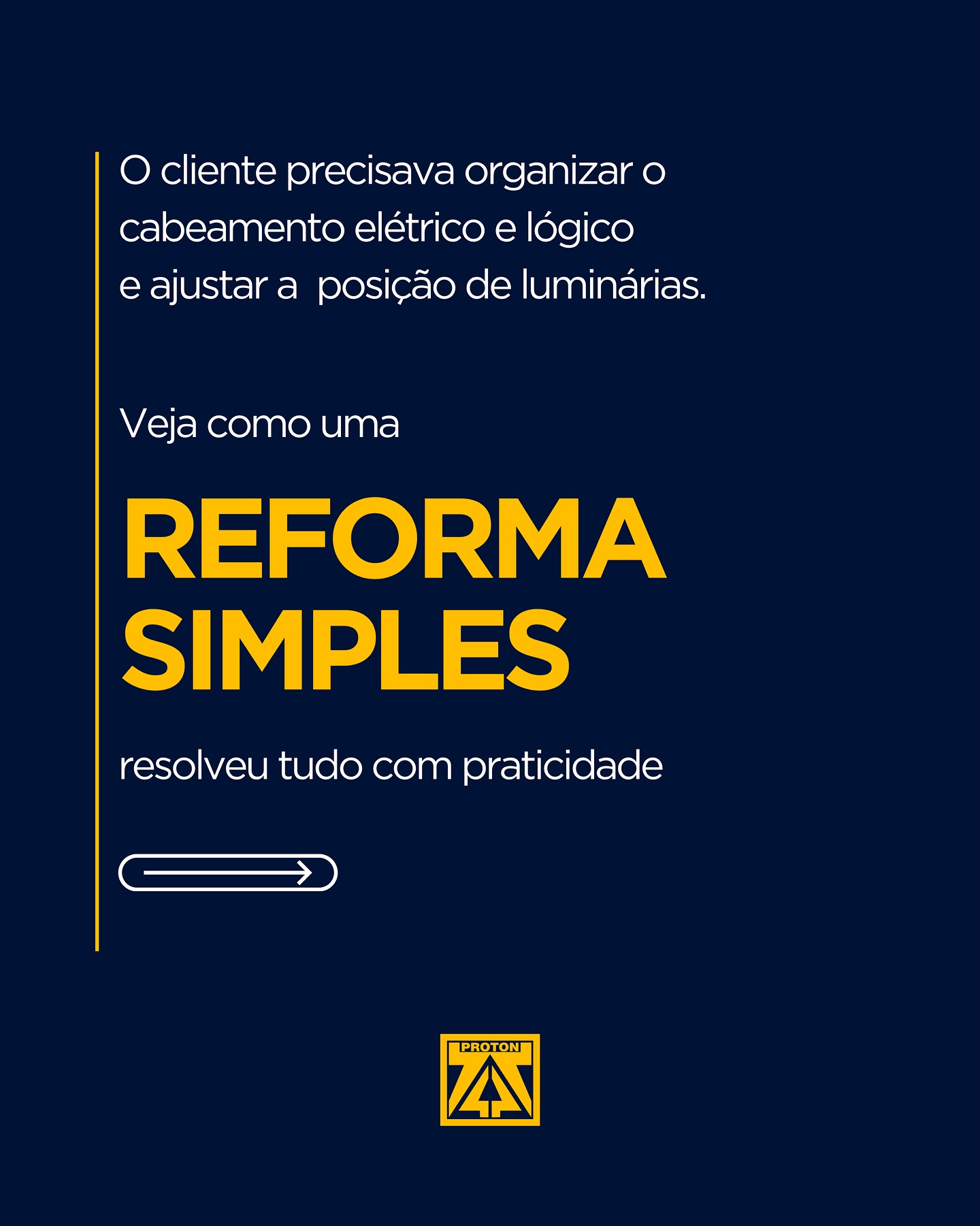 De pequenos ajustes a grandes transformações.
O projeto consistia em reorganizar o cabeamento elétrico e lógico, além de corrigir o posicionamento das luminárias para garantir mais eficiência na iluminação.
Após a reforma, o ambiente ganhou harmonia, segurança e conforto visual, refletindo a importância de um trabalho técnico bem executado.
Pequenas reformas, grandes resultados.