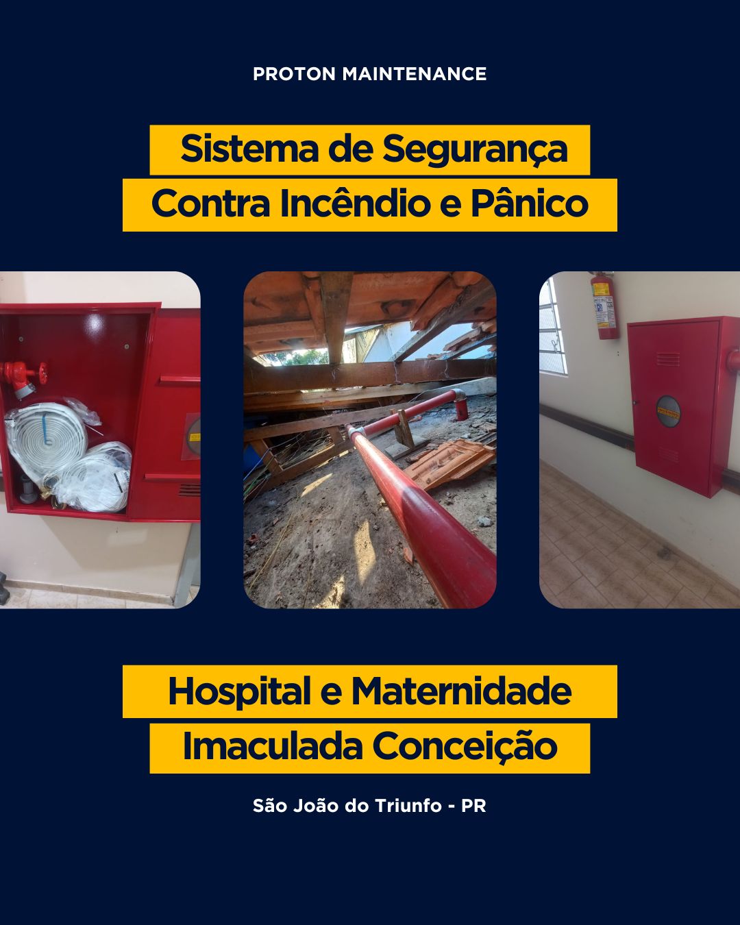 Obra em andamento no Hospital e Maternidade Imaculada Conceição, em São João do Triunfo 🔥
A PROTON MAINTENANCE está executando o sistema de hidrantes e combate a incêndio, assegurando conformidade técnica, segurança operacional e atendimento às normas vigentes em cada etapa do processo.
Estamos realizando:
✔️ Instalação da rede de hidrantes
✔️ Adequação de tubulações e conexões
✔️ Montagem de abrigo e instalação da bomba de incêndio
✔️ Instalação de alarmes de incêndio
Em ambientes hospitalares, segurança contra incêndio não é opcional — é responsabilidade.
A PROTON MAINTENANCE atua com planejamento, equipe especializada e execução dentro dos padrões exigidos pelo Corpo de Bombeiros.
🚨Se sua empresa precisa implantar ou regularizar o sistema de combate a incêndio, entre em contato agora e solicite uma avaliação técnica 📲 (42)99862-0417.